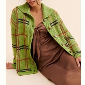 Anthropologie Callahan Green and Brown Plaid Knit Cardigan